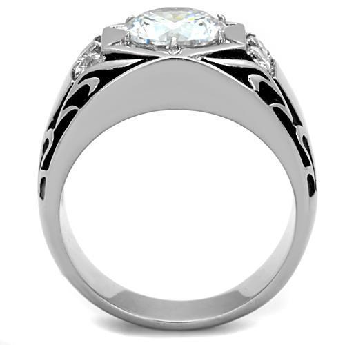 TK1606 High Polished Stainless Steel Ring featuring a clear AAA Grade CZ center stone, showcasing its elegant design and shine.