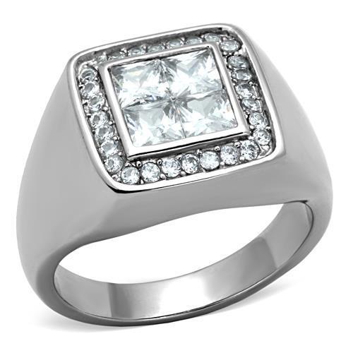 TK1608 High Polished Stainless Steel Ring featuring AAA Grade Clear CZ stone, showcasing its elegant design and shine.