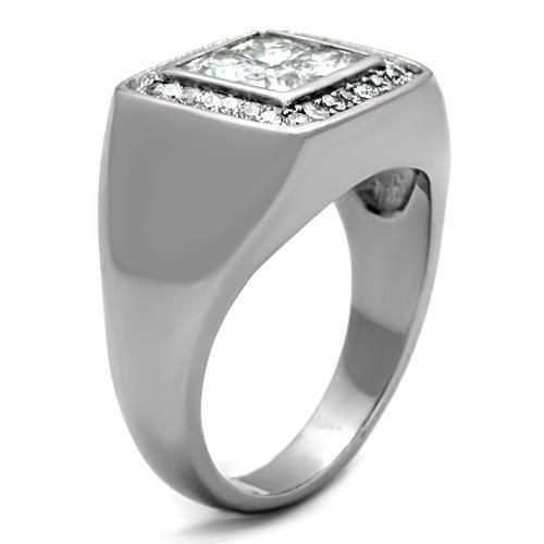 TK1608 High Polished Stainless Steel Ring featuring AAA Grade Clear CZ stone, showcasing its elegant design and shine.