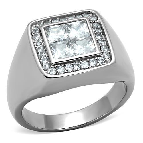 TK1608 High Polished Stainless Steel Ring featuring AAA Grade Clear CZ stone, showcasing its elegant design and shine.