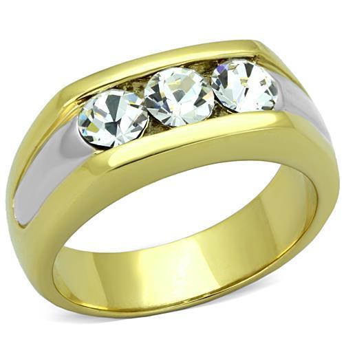 TK1615 Two-Tone IP Gold Stainless Steel Ring featuring a clear top-grade crystal centerpiece, showcasing a sophisticated design.