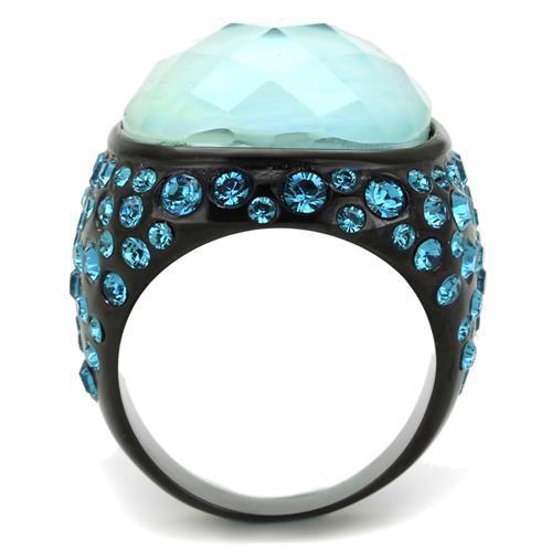 TK1617 IP Black Stainless Steel Ring featuring a sea blue synthetic glass stone, showcasing a modern design with a sleek finish.