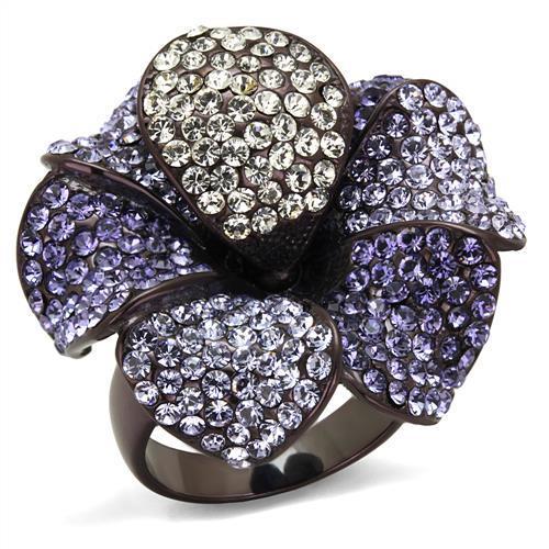 TK1618DC IP Dark Brown Stainless Steel Ring featuring a multi-color top grade crystal centerpiece, showcasing elegance and style.
