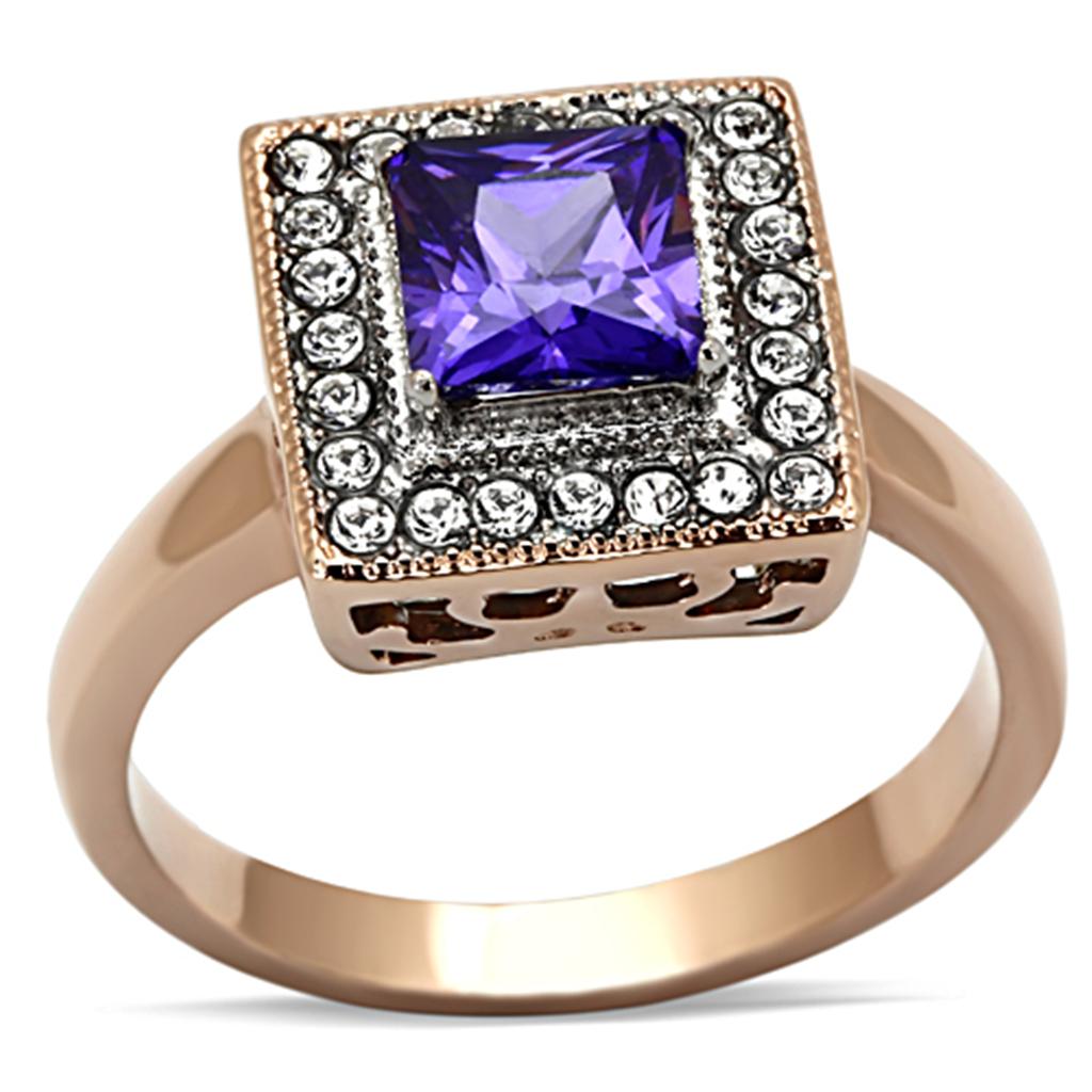 TK1162 Two-Tone IP Rose Gold Stainless Steel Ring featuring AAA Grade CZ center stone in tanzanite color, showcasing its elegant design.