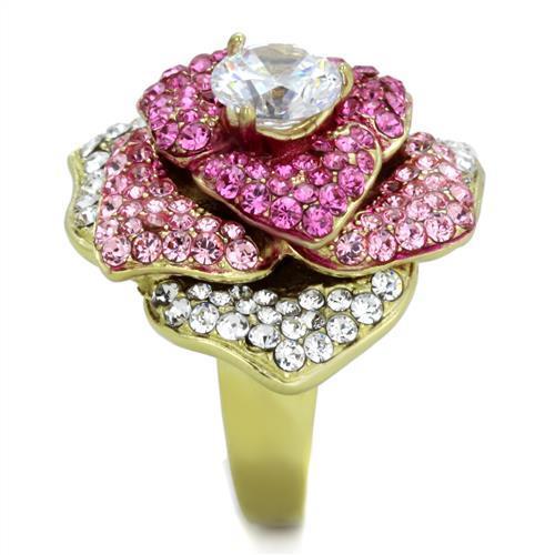 TK1624 IP Gold Stainless Steel Ring featuring a clear AAA Grade CZ stone, showcasing its elegant design and luxurious finish.