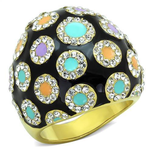 TK1625 IP Gold Stainless Steel Ring with clear top-grade crystal, showcasing its elegant design and luxurious finish.