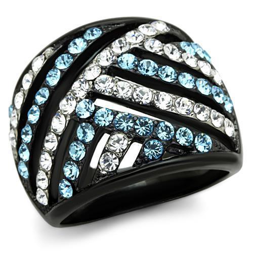 TK1663 Two-Tone IP Black Stainless Steel Ring featuring a Sea Blue Top Grade Crystal, showcasing its elegant design and craftsmanship.