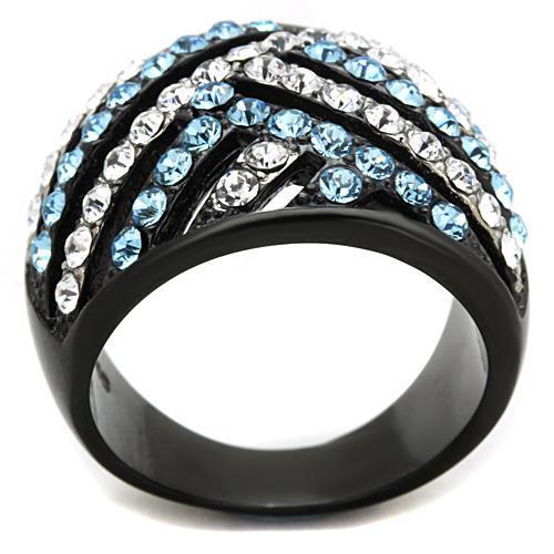 TK1663 Two-Tone IP Black Stainless Steel Ring featuring a Sea Blue Top Grade Crystal, showcasing its elegant design and craftsmanship.