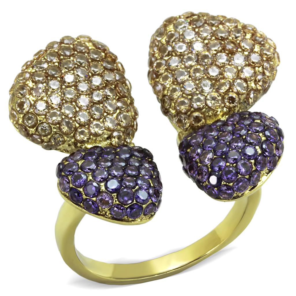 TK1639 IP Gold Stainless Steel Ring featuring a multi-color AAA Grade CZ stone, showcasing its elegant design and luxurious finish.