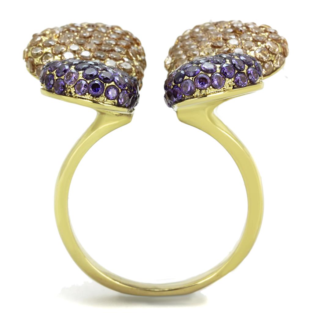 TK1639 IP Gold Stainless Steel Ring featuring a multi-color AAA Grade CZ stone, showcasing its elegant design and luxurious finish.