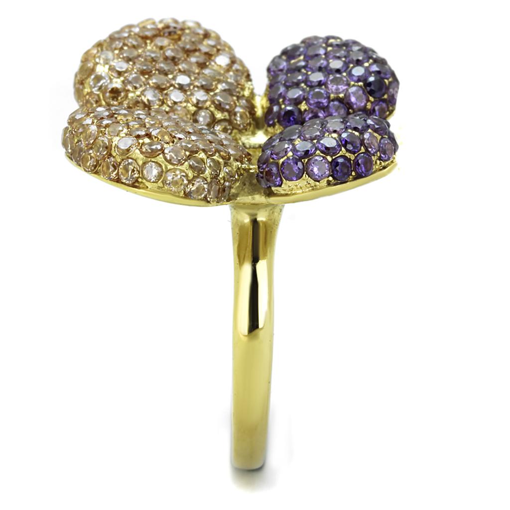 TK1639 IP Gold Stainless Steel Ring featuring a multi-color AAA Grade CZ stone, showcasing its elegant design and luxurious finish.