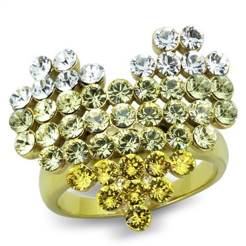 TK1642 IP Gold Stainless Steel Ring featuring a multi-color top-grade crystal centerpiece, showcasing a luxurious design.