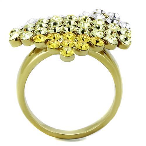 TK1642 IP Gold Stainless Steel Ring featuring a multi-color top-grade crystal centerpiece, showcasing a luxurious design.