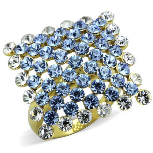 TK1643 IP Gold Stainless Steel Ring featuring a light sapphire top-grade crystal centerpiece, showcasing elegance and durability.
