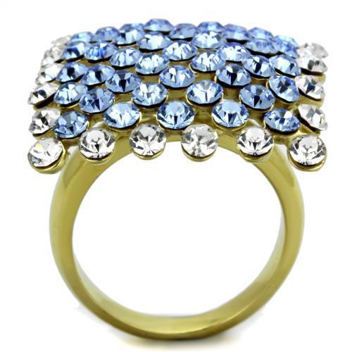TK1643 IP Gold Stainless Steel Ring featuring a light sapphire top-grade crystal centerpiece, showcasing elegance and durability.