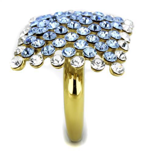 TK1643 IP Gold Stainless Steel Ring featuring a light sapphire top-grade crystal centerpiece, showcasing elegance and durability.