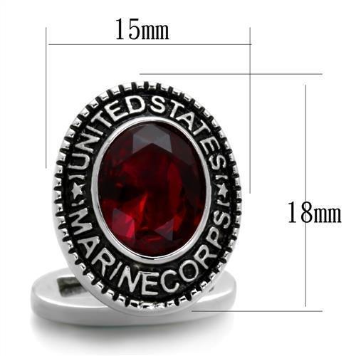 High polished stainless steel cufflinks with Siam synthetic glass center stone, showcasing elegance and style.