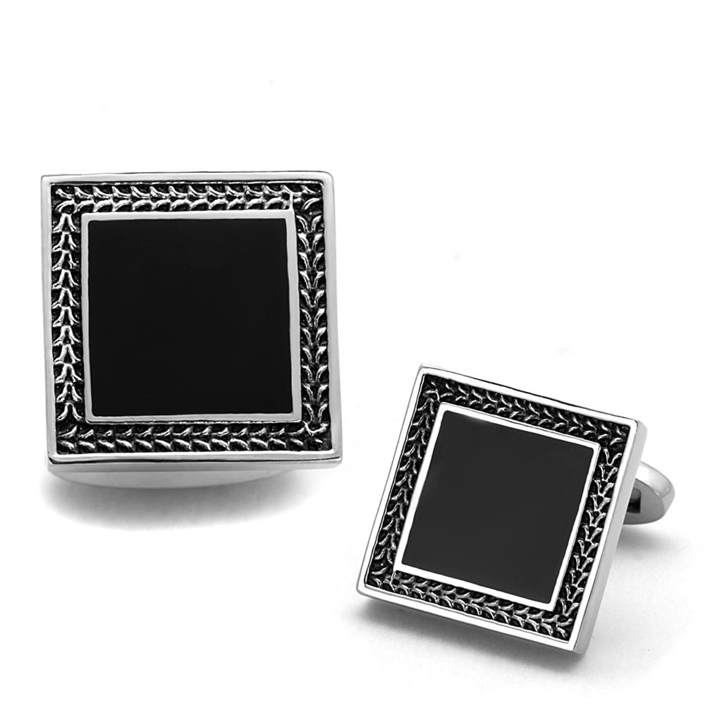 High polished stainless steel cufflinks with jet epoxy center stone, showcasing a sleek and elegant design.