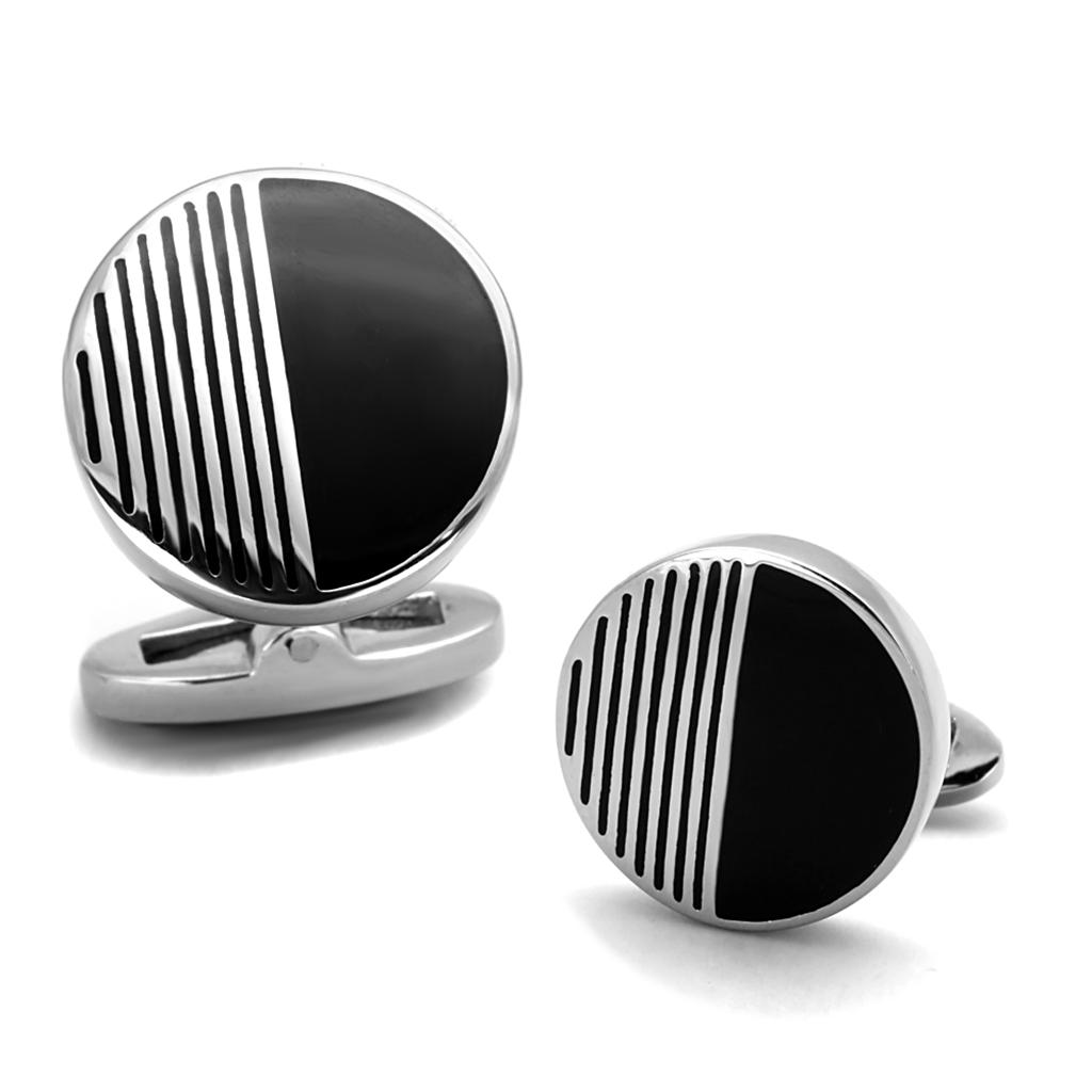 TK1654 High Polished Stainless Steel Cufflink with jet epoxy center stone, showcasing a sleek and elegant design.