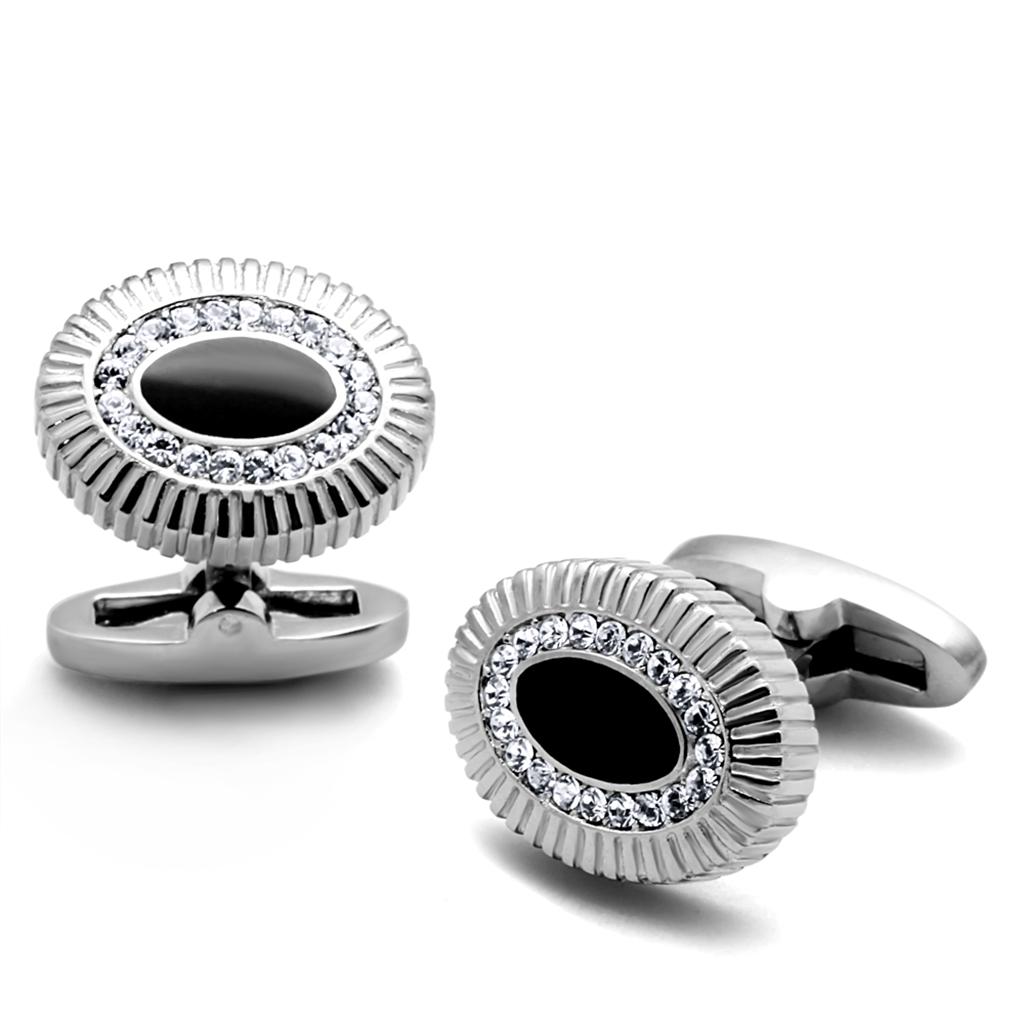 High polished stainless steel cufflink featuring a clear top-grade crystal, perfect for formal occasions.