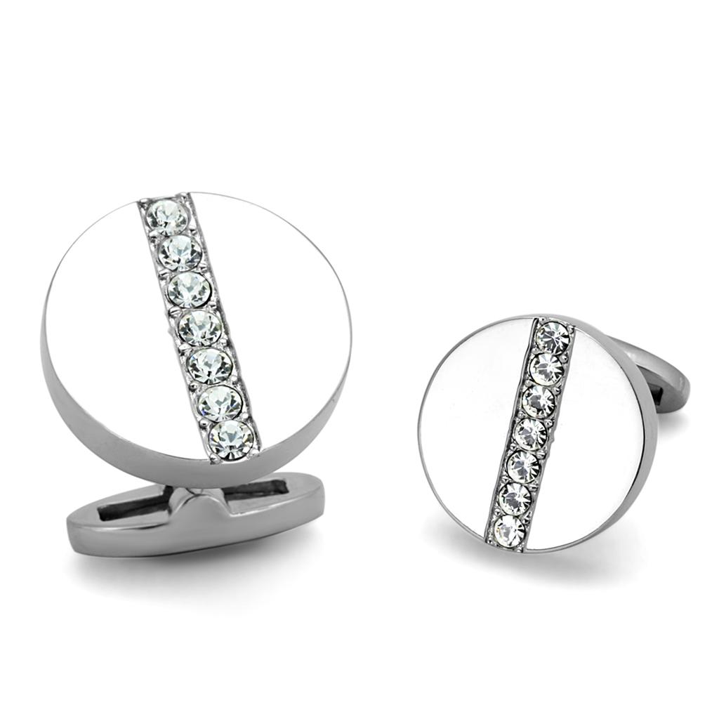 High polished stainless steel cufflink with clear top-grade crystal centerpiece, showcasing elegance and style.