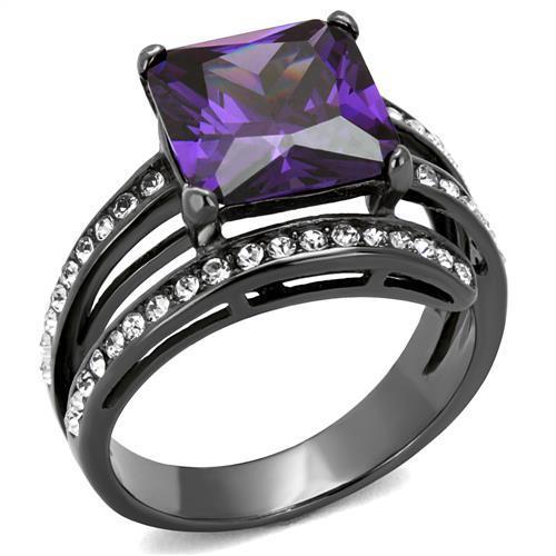 TK1665LJ IP Light Black Stainless Steel Ring featuring an AAA Grade CZ stone in Amethyst color, showcasing a modern and elegant design.