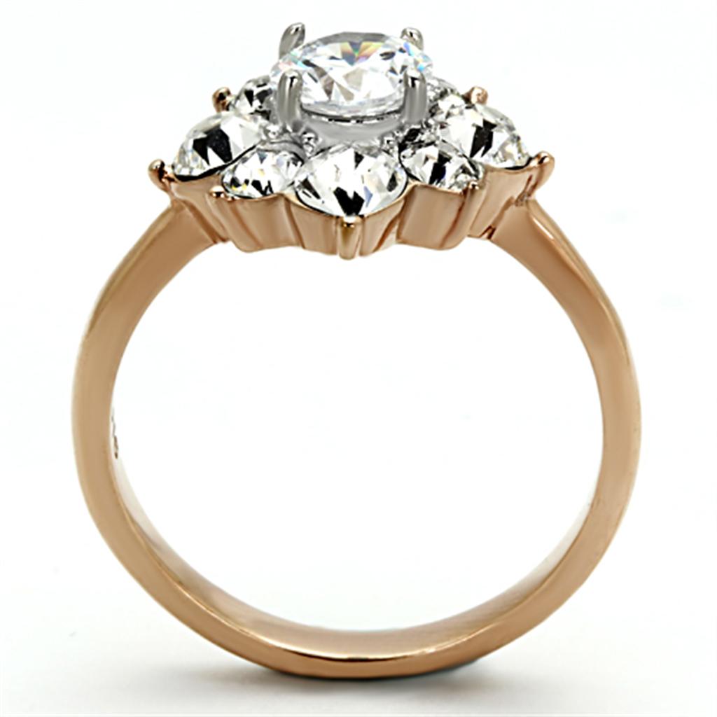 TK1168 Two-Tone IP Rose Gold Stainless Steel Ring featuring a clear AAA Grade CZ stone, elegantly designed for stylish wear.