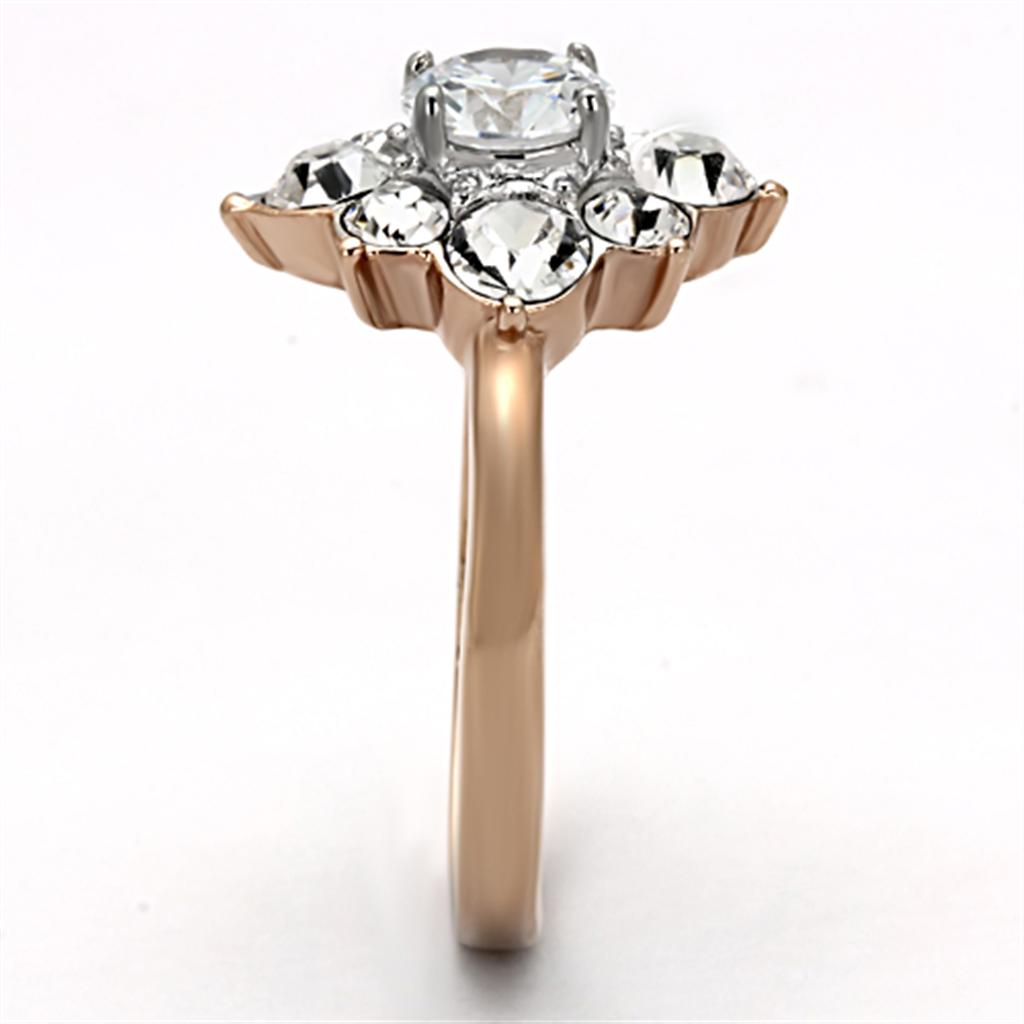 TK1168 Two-Tone IP Rose Gold Stainless Steel Ring featuring a clear AAA Grade CZ stone, elegantly designed for stylish wear.