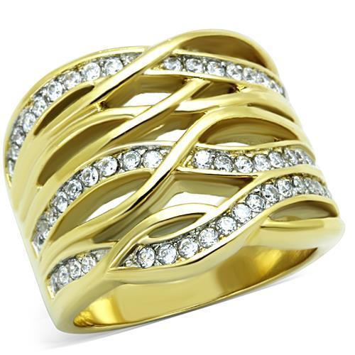 TK1699 Two-Tone IP Gold Stainless Steel Ring featuring a clear AAA grade CZ stone, showcasing a luxurious and elegant design.