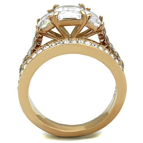 TK1690 IP Rose Gold Stainless Steel Ring featuring AAA Grade clear CZ stone, showcasing elegance and durability.