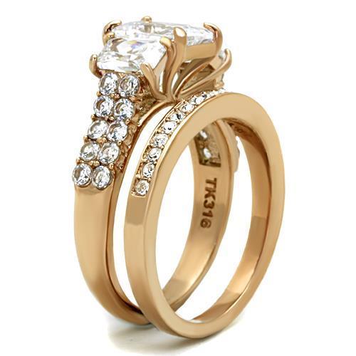 TK1690 IP Rose Gold Stainless Steel Ring featuring AAA Grade clear CZ stone, showcasing elegance and durability.
