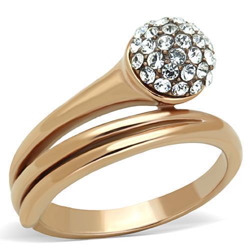 TK1693 IP Rose Gold Stainless Steel Ring featuring a clear top grade crystal centerpiece, showcasing elegance and durability.