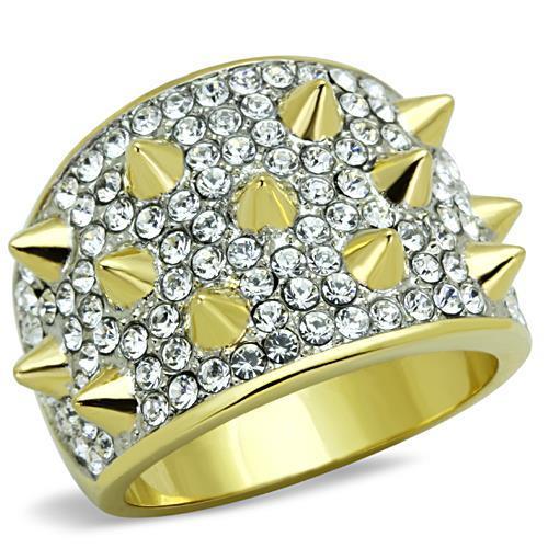 TK1697 Two-Tone IP Gold Stainless Steel Ring featuring a clear top-grade crystal centerpiece, showcasing a luxurious and elegant design.