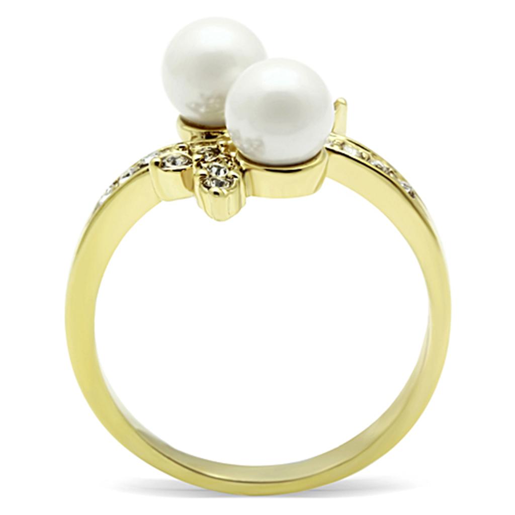 TK116G IP Gold Stainless Steel Ring featuring a white synthetic pearl centerpiece, showcasing its elegant design and luxurious finish.