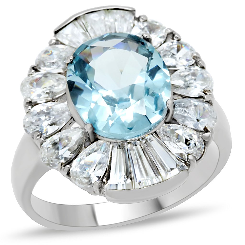 TK177 High Polished Stainless Steel Ring featuring a London Blue Spinel center stone, showcasing its elegant design and shiny finish.