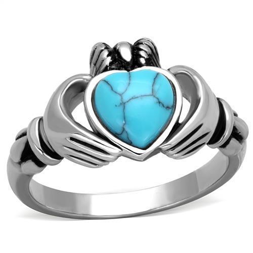 High polished stainless steel ring featuring a vibrant sea blue synthetic turquoise stone, elegantly designed for everyday wear.