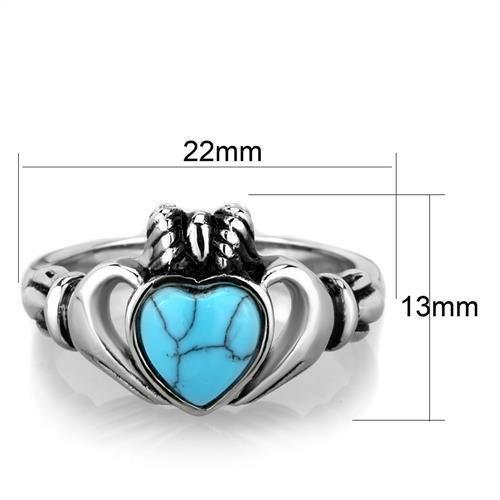 High polished stainless steel ring featuring a vibrant sea blue synthetic turquoise stone, elegantly designed for everyday wear.