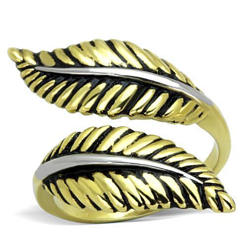 TK1707 Two-Tone IP Gold Stainless Steel Ring featuring a jet epoxy stone, showcasing its elegant design and durable material.