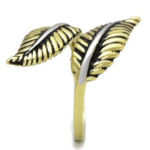 TK1707 Two-Tone IP Gold Stainless Steel Ring featuring a jet epoxy stone, showcasing its elegant design and durable material.