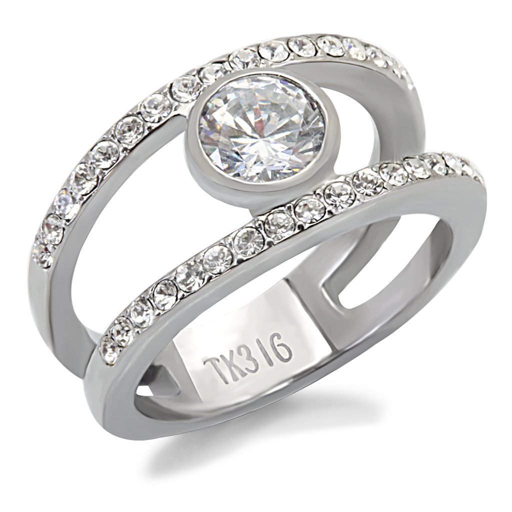 TK171 High Polished Stainless Steel Ring featuring a clear AAA Grade CZ center stone, showcasing a sleek and shiny design.