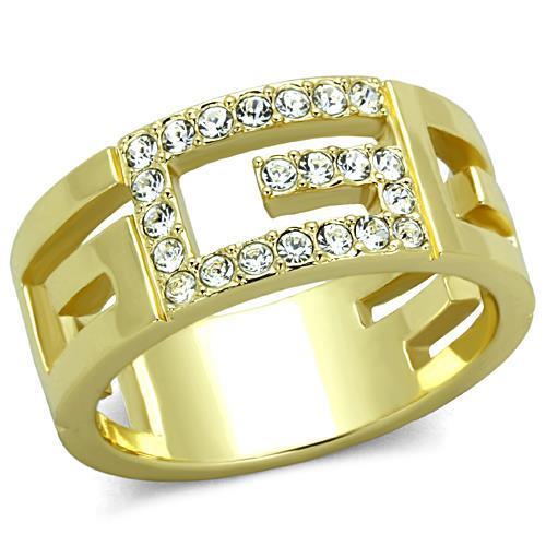 TK1712 IP Gold Stainless Steel Ring featuring a clear top-grade crystal, showcasing a luxurious design with a shiny finish.