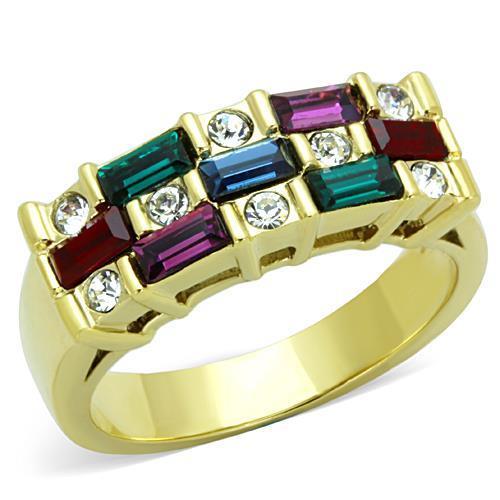TK1719 IP Gold Stainless Steel Ring featuring a multi-color top-grade crystal, showcasing a luxurious design and durable material.