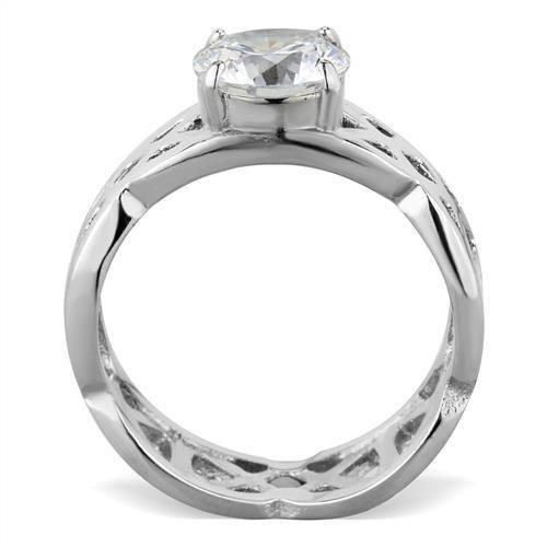 TK1772 High Polished Stainless Steel Ring featuring a clear AAA grade cubic zirconia center stone, showcasing a brilliant shine.