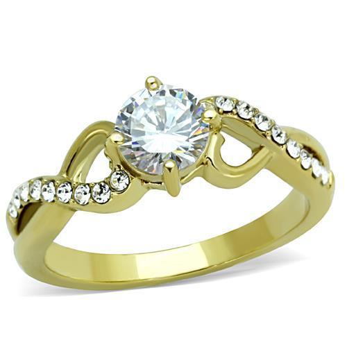 TK1722 IP Gold Stainless Steel Ring featuring a clear AAA Grade CZ center stone, showcasing a luxurious and elegant design.