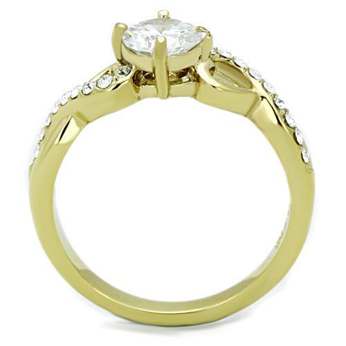 TK1722 IP Gold Stainless Steel Ring featuring a clear AAA Grade CZ center stone, showcasing a luxurious and elegant design.