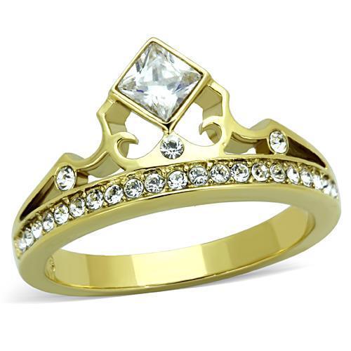TK1727 IP Gold Stainless Steel Ring featuring a clear AAA Grade CZ stone, showcasing its elegant design and luxurious finish.
