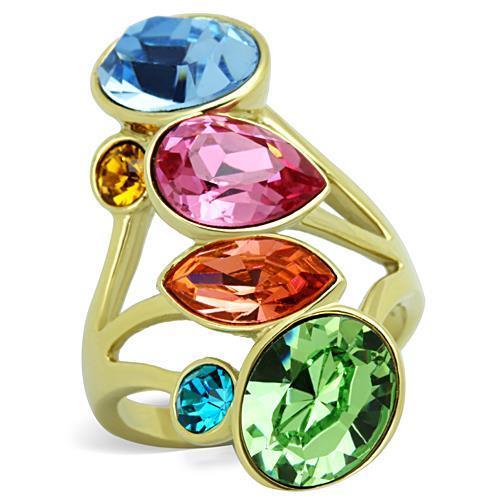 TK1729 IP Gold Stainless Steel Ring featuring a top-grade multi-color crystal, showcasing a luxurious design and durable material.