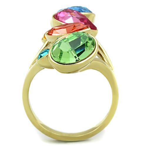 TK1729 IP Gold Stainless Steel Ring featuring a top-grade multi-color crystal, showcasing a luxurious design and durable material.