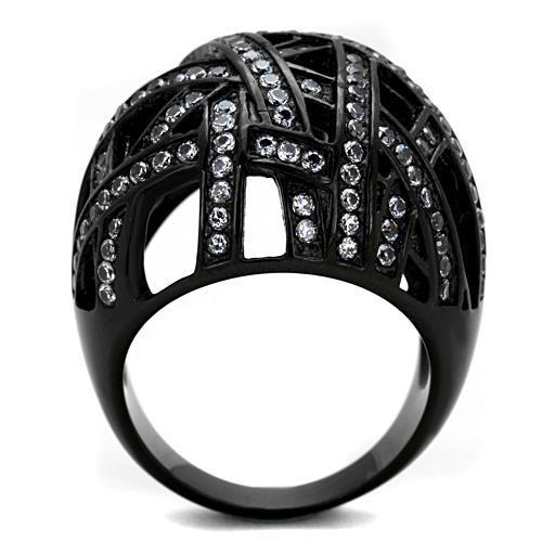 TK1734 IP Black Stainless Steel Ring featuring a clear AAA Grade CZ stone, showcasing a modern and elegant design.