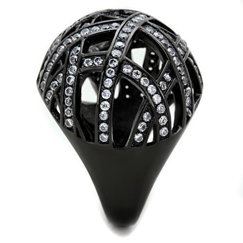 TK1734 IP Black Stainless Steel Ring featuring a clear AAA Grade CZ stone, showcasing a modern and elegant design.